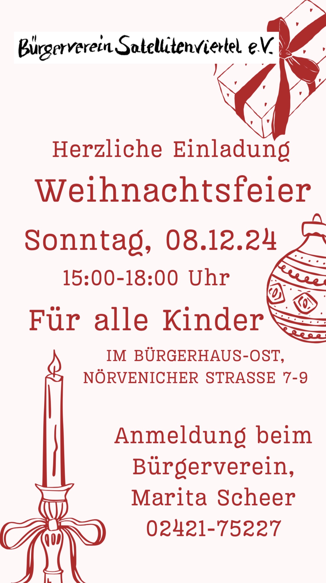 Flyer für eine Einladung einer Weihnachtsfeier. Weihnachtliche Motive wie ein Geschenk, eine Kerze und eine Weihnachtskugel. 